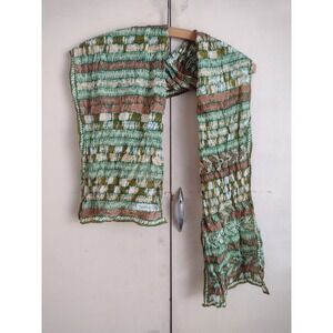 Vtg Sally Gee Silk Neck Scarf Rectangle Signed Green Brown Neutral Geometric